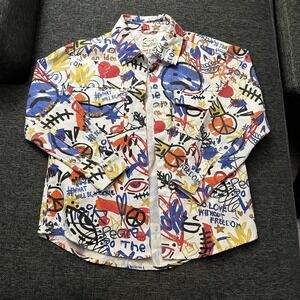 Stoosh Denim Shirt Womens Medium White Multicolor‎ Graffiti Snap Button Pockets